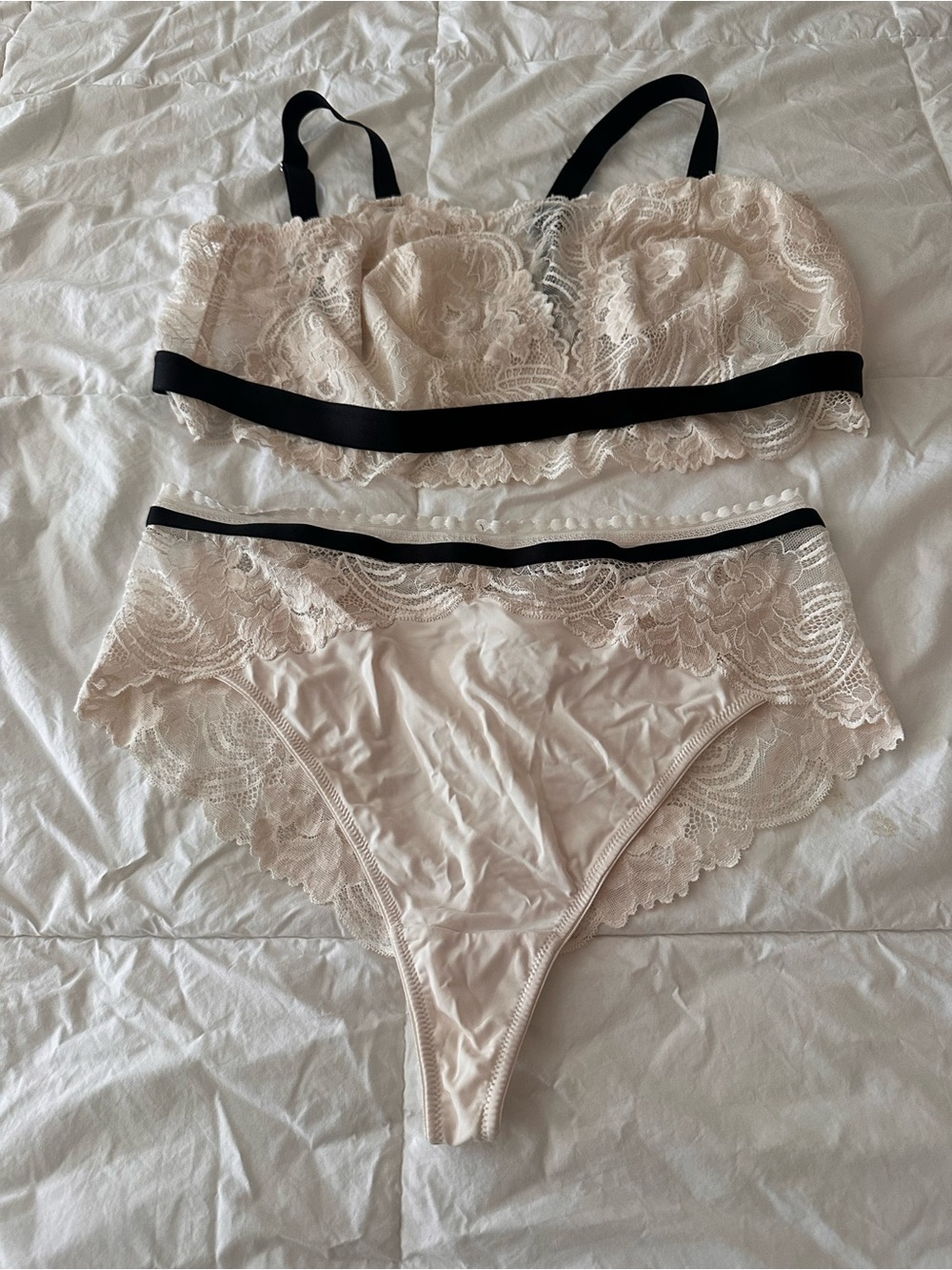 Lace Trim Bralette & High-Cut Brief Set - Cream with Black Trim Bra 3x Brief 1x